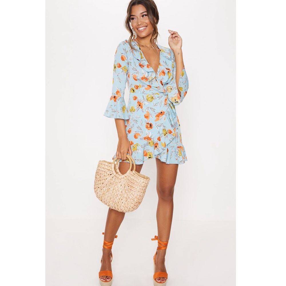 Pretty Little Thing Blue & Orange Floral Ruffle Wrap Dress - Picture 3 of 10
